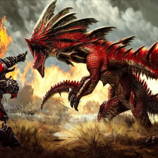 Image similar to rathalos attacking to 4 hunters, fire, elegant, highly detailed, hunters, digital painting, monster hunter, unreal engine