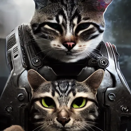 Prompt: polite cat in gears of war, splash art, movie still, detailed face, photorealistic facial features, cinematic lighting, dramatic, octane render, long lens, shallow depth of field, bokeh, anamorphic lens flare, 8 k, hyper detailed, 3 5 mm film grain