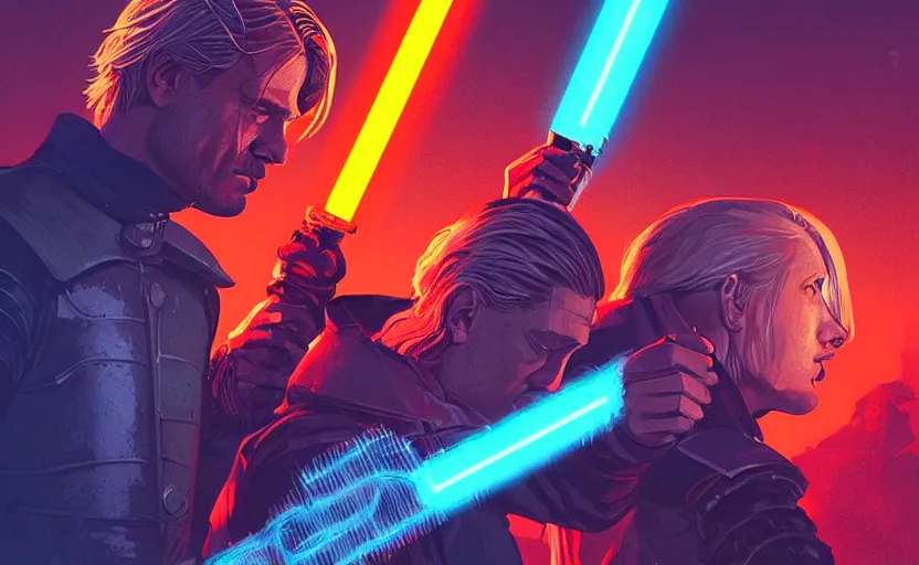 Image similar to jaime lannister and brienne of tarth fight a thousand neon zombies with lightsabers, cyberpunk art by james gilleard, cgsociety, retrofuturism, synthwave, retrowave, outrun