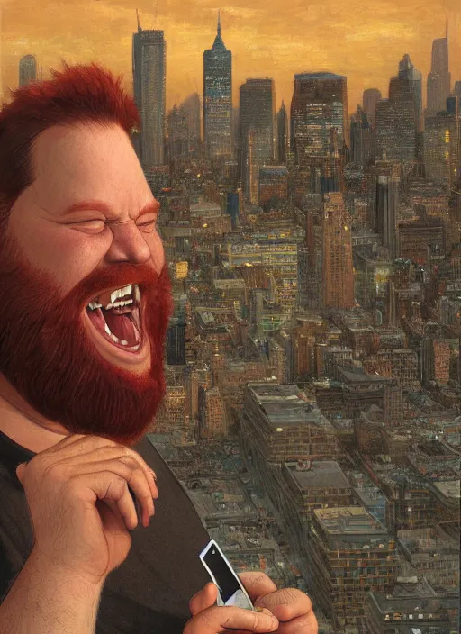 Image similar to a fat redheaded man with beard laughing and talking on a cell phone manhattan skyline in the background, portrait, intricate, elegant, highly detailed, centered, digital painting, artstation, concept art, smooth, sharp focus, illustration, art by art germ and donato giancola and Joseph Christian Leyendecker