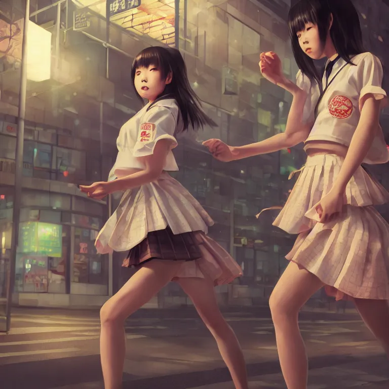 Prompt: two japanese schoolgirls fighting behind a 7 - 1 1 at night, intricate details, complementary lighting, detailed face, backlighting, octane render, raytraced, depth of field, extremely detailed, trending in artstation, focus on face, sharp focus, radiant light, beautiful composition, yihao ren, zochi, zero - hour, jean paul fiction