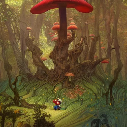 Image similar to Toad from Mario brothers running through a mushroom forest drawn by Donato Giancola and Jon Foster, frank frazetta, alphonse mucha, background by James Jean and gustav klimt, 4k, volumetric lighting, french nouveau, trending on artstation, octane render, hyperrealistic