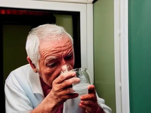 Image similar to an old man suspiciously drinking water from a toilet