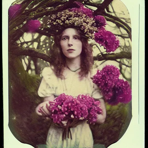 Prompt: portrait of a beautiful woman covered in flowers, Forest, ray gods, 1910 polaroid photography -9