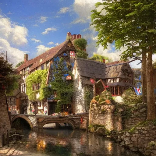 Prompt: a medieval british pub near a canal, cut into the side of a mountain, bright and sunny, cumulonimbus clouds, huge ancient trees, by thomas kinkade and ted nasmith and greg rutkowski, trending on artstation, cgsociety