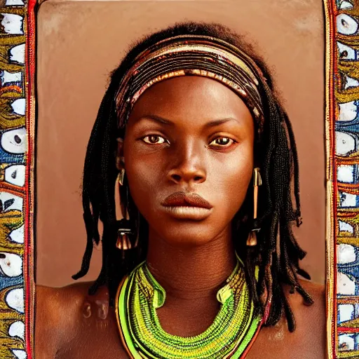 Image similar to vintage portrait of a stunningly beautiful west african tribal female, depth of field, zeiss lens, detailed, symmetrical, centered, fashion photoshoot, by edward s curtis, Annie Leibovitz and Steve McCurry, David Lazar, Jimmy Nelsson, alphonse mucha, Breathtaking, 8k resolution, extremely detailed, beautiful, establishing shot, artistic, hyperrealistic, beautiful face, octane render