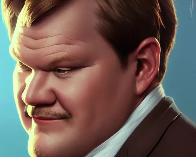 Image similar to close up of andy richter wearing a brown suit and necktie, focus, d & d, intricate, elegant, highly detailed, digital painting, artstation, concept art, matte, sharp focus, illustration, hearthstone, art by artgerm and greg rutkowski and alphonse mucha