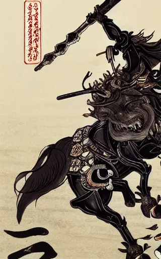 Prompt: ancient chinese general lu bu by katsushika hokusai, pete mohrbacher, yoji shinkawa + gothic illustration + trending on artstation + intricate details - h 1 0 2 4