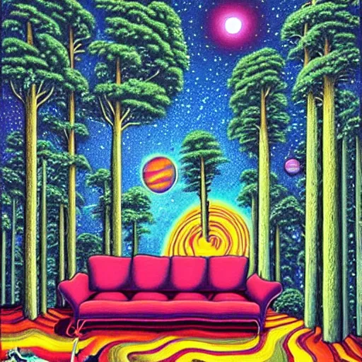 Image similar to psychedelic trippy couch pine forest, planets, milky way, sofa, cartoon by rob gonsalves