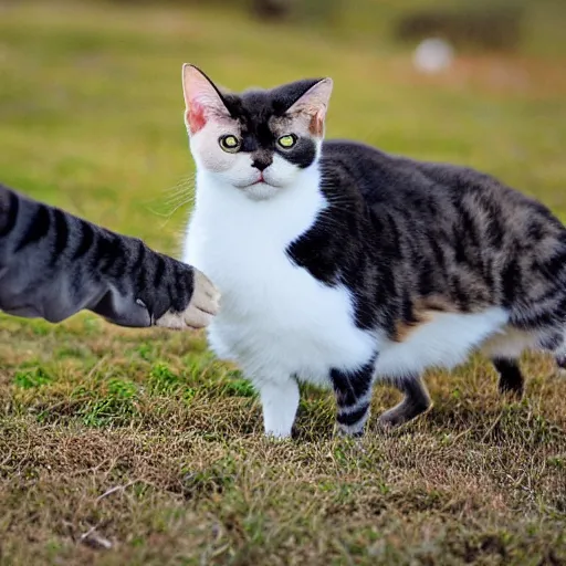 Image similar to a picture of a combination of two different creatures, a cat head on a goose body, crossed creatures, wide shot photo