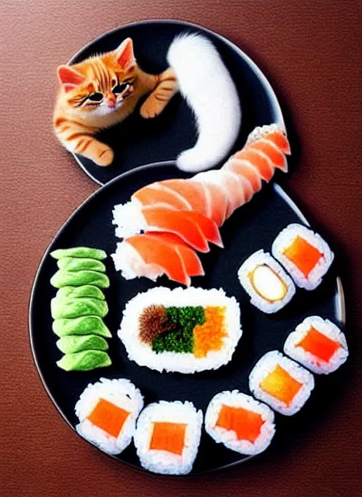 Image similar to clear photorealistic picture of adorable cats made out of sushi