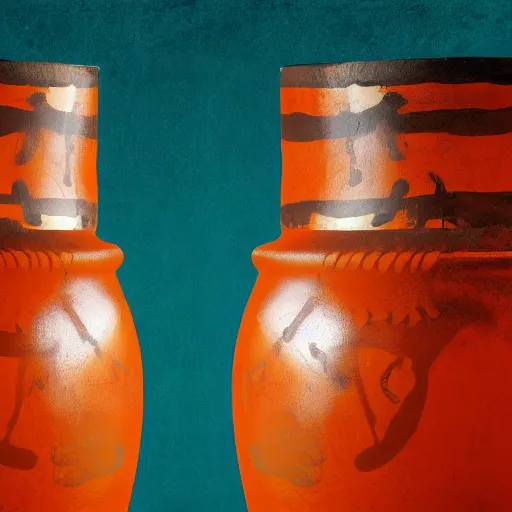 Prompt: skeletons running painted on a roman jar, abstract, orange theme, 8k resolution, sodium light