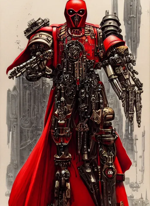 Image similar to portrait of adeptus mechanicus in red hood and robe from Warhammer 40000. Highly detailed, artstation, illustration by and John Blanche and zdislav beksinski and wayne barlowe