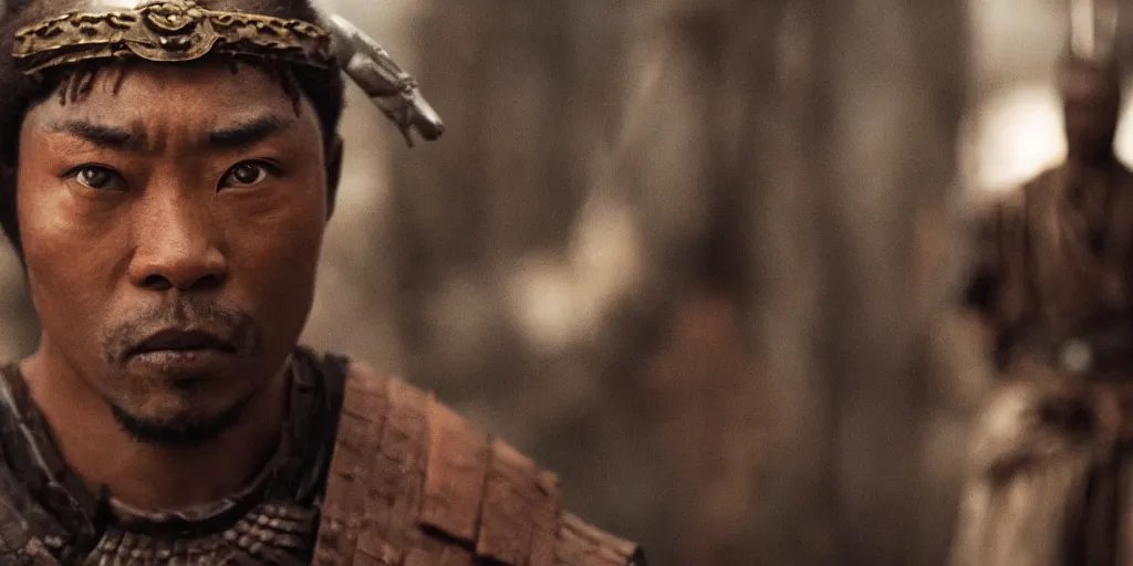 Image similar to a film still of a black man starring in a japanese blockbuster film as an ancient samurai, shallow depth of field, cinematic, award winning cgi, vfx, film still