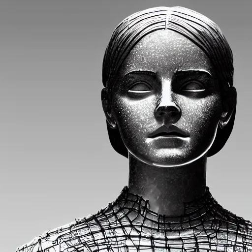 Image similar to emma watson, statue, chrome, reflect, wireframe, photograph