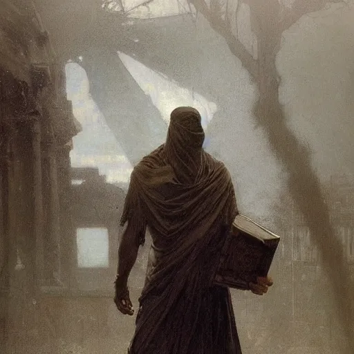 Image similar to half portait of magican wearing a closed cowl holding a big old book! with chains!! on his wrist, jeremy mann, jean leon gerome, alphonse mucha, greg rutkowski, hood covers his eyes, ( ( ruins of ancient rome ) ), at dusk, mysterious atmosphere, sunrays, dof, masterpiece, high detailed, 8 k