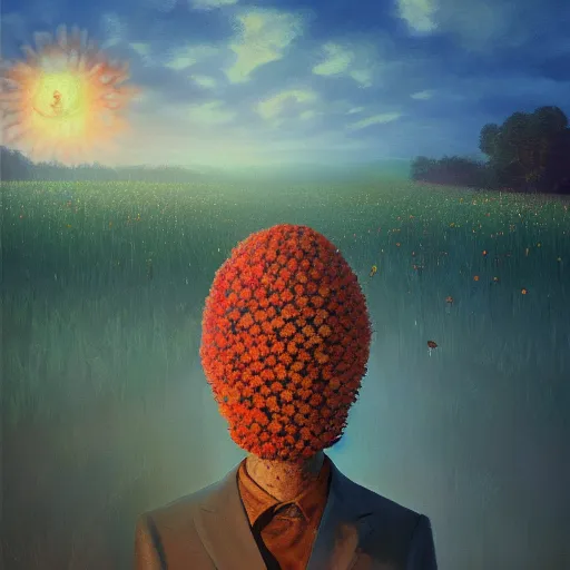 Image similar to giant daisy flower head, frontal, girl in a suit, surreal photography, sunrise, dramatic light, impressionist painting, digital painting, artstation, simon stalenhag