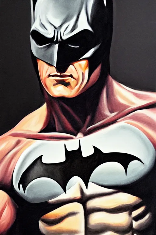 Prompt: A portrait painting of the muscular batman with scars