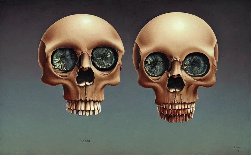 Image similar to a surrealistic painting of a human skull with real eyeballs, in the style of rene magritte and zdzislaw beksinski and mark ryden, digital art, detailed masterpiece