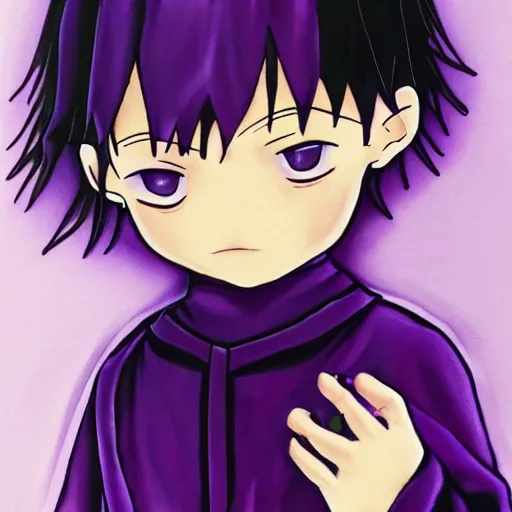 Prompt: little boy wearing nun outfit. purple and black color palate, detailed soft painting, made in abyss art style, inspired in hirohiko araki