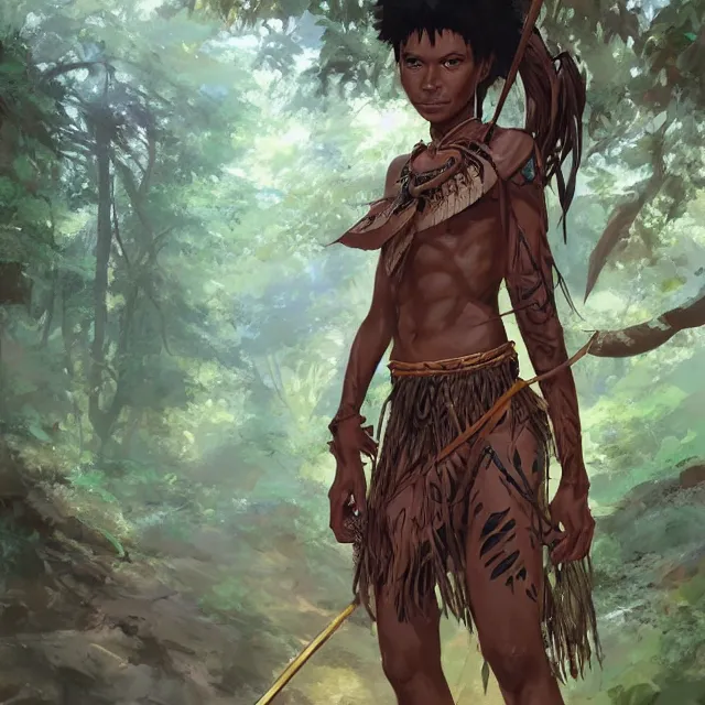 a female tribal warrior in the jungle, african. By