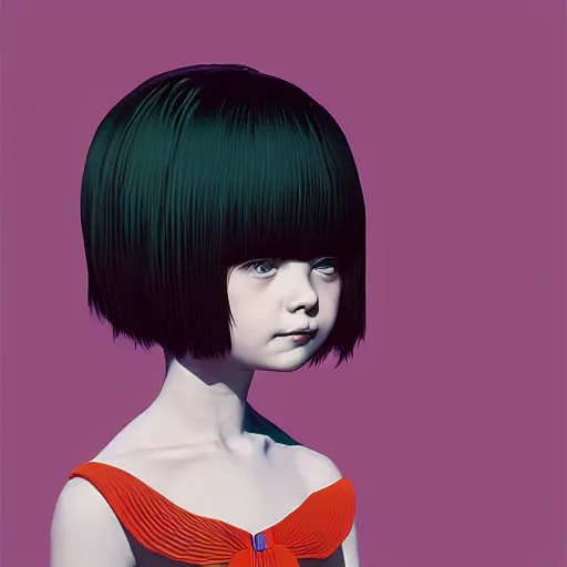 Prompt: little girl with an eccentric haircut wearing an dress made of feathers, artwork made by ilya kuvshinov