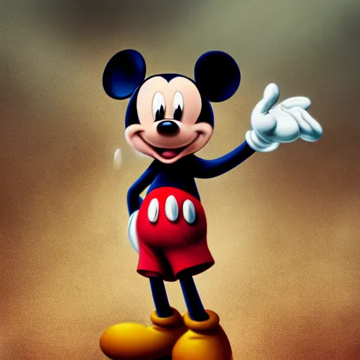 Image similar to Mickey Mouse as a human, photorealistic, film still, desolate