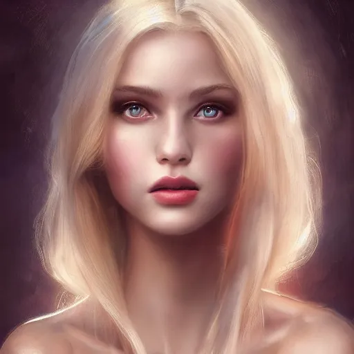 Image similar to a gorgeous female photo, professionally retouched, soft lighting, wearing sundress, illuminated by moonlight, realistic, smooth face, blonde goddess, luscious lips, perfect eyes, wide angle, sharp focus on eyes, shocked expression on her face, 8 k high definition, insanely detailed, intricate, elegant, art by artgerm and wlop