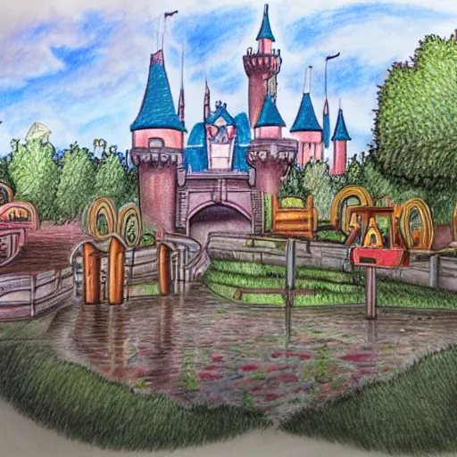 Prompt: a realistic drawing of an abandon Disney land