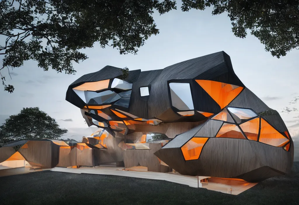 Image similar to photo of the exterior of a futuristic organic japanese house, dramatic lighting, black and orange colour palette, wide angle shot, archviz