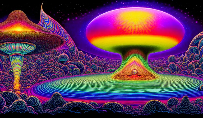 Image similar to an expansive rendering of beautiful and complex ultimate void and black holes by dan mumford, by jim fitzpatrick, by joe wilson, by jim burns, by victo ngai, by jacek yerka, surrounded with colorful magic mushrooms and rainbowcolored marihuana leaves, insanely integrate, featured on deviant art, trending on artstation