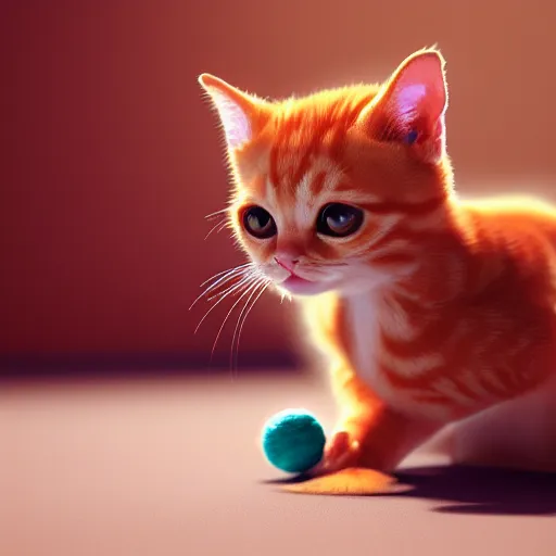 Image similar to orange tabby kitten playing with a ball of yarn, octane render, 4 k