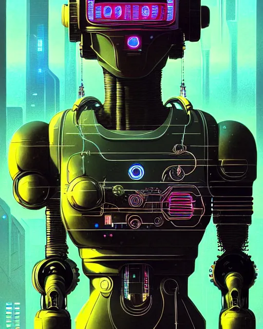 Prompt: cyberpunk robot, character portrait, portrait, close up, concept art, intricate details, soft glow, highly detailed, vintage sci - fi poster, in the style of chris foss, rodger dean, moebius, michael whelan, and gustave dore