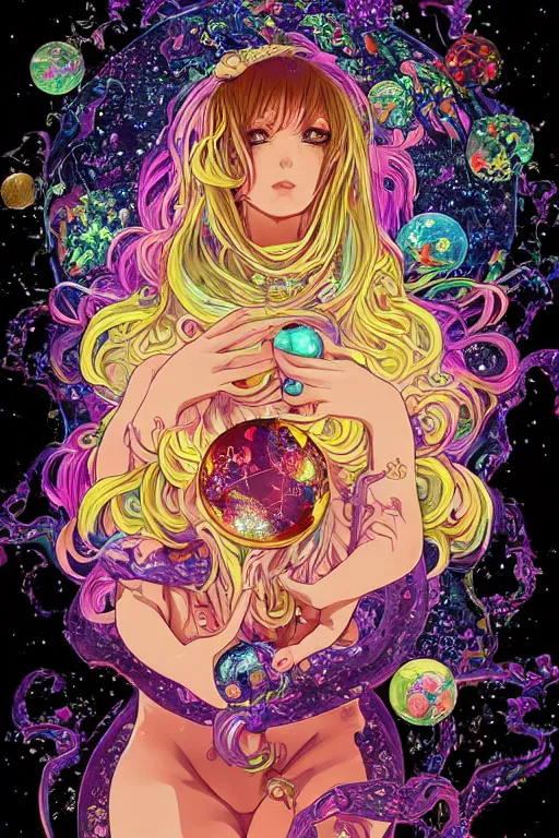 Image similar to psychedelic, acid trip, intricate, highly detailed, anime, 4k, beautiful seductive slime girl holding a huge orb containing the universe, with professional makeup, long trippy hair, surrounded by gems, underneath the stars, trending on patreon, deviantart, twitter, artstation, volumetric lighting, heavy contrast, by artgerm and Ilya Kuvshinov and alphonse mucha, interstellar galaxy