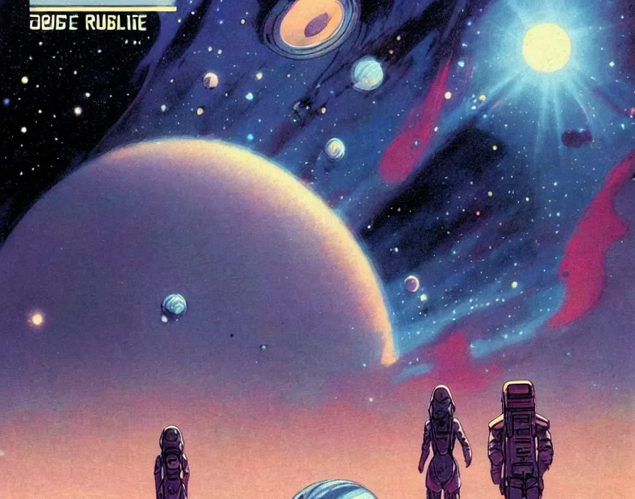 Image similar to illustrated by moebius and greg rutkowski, romantic!!! space scene!! with standing young girl!!!!, orbit of earth!, futuristic orbital station!!!!, nebulae!!, starry sky!!, rule of third!!!!, vintage cover of sci - fi magazine, cinematic!!