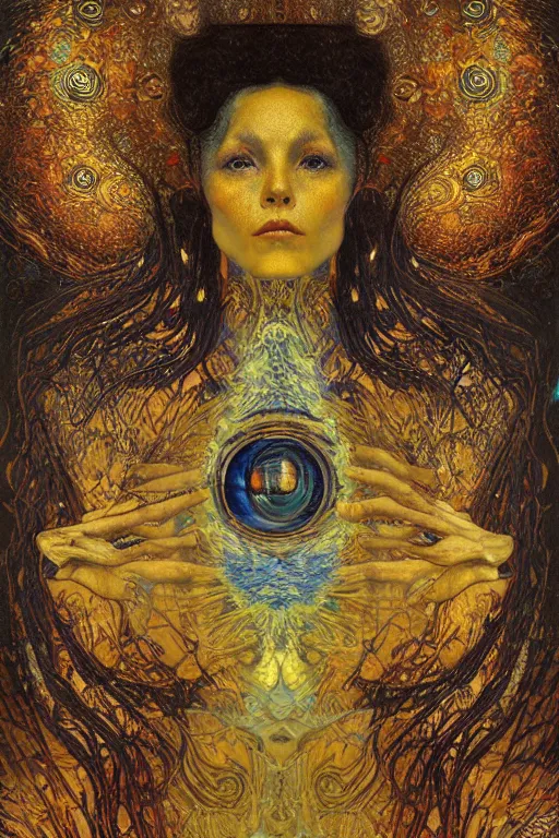 Image similar to The Misericorde by Karol Bak, Jean Deville, Gustav Klimt, and Vincent Van Gogh, otherworldly, fractal structures, arcane, prophecy, ornate gilded medieval icon, third eye, spirals