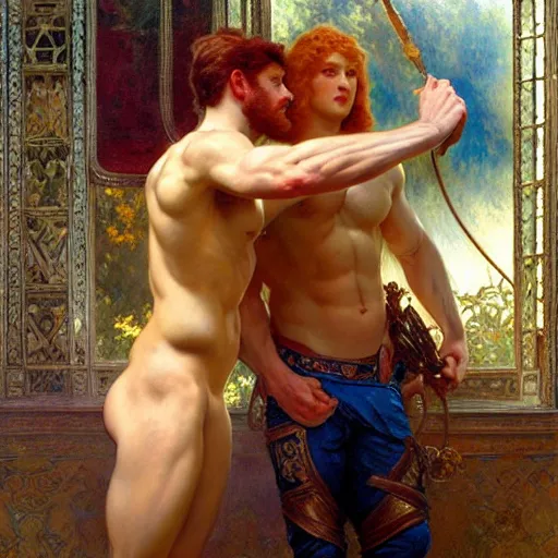 Image similar to attractive muscular mike with ginger hair with muscular attractive tyler with brunet hair, drinking their hearts out, in their noble mansion. highly detailed painting by gaston bussiere, craig mullins, j. c. leyendecker, alphonse mucha 8 k