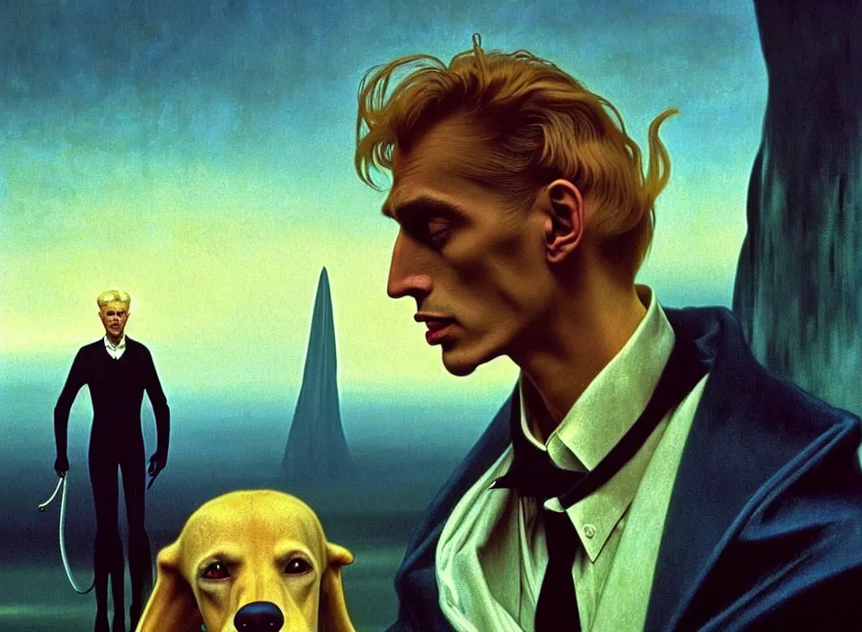 Image similar to realistic detailed portrait movie shot of an elegant blond male vampire with a barking doberman on a leash, sci fi landscape background by denis villeneuve, amano, yves tanguy, alphonse mucha, max ernst, roger dean, masterpiece, rich cold moody colours, dog teeth, blue eyes