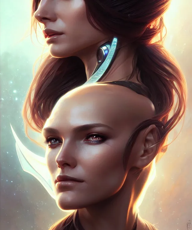 Image similar to futuristic woman portrait, sci-fi, amber eyes, face, long hair, fantasy, intricate, elegant, highly detailed, digital painting, artstation, concept art, smooth, sharp focus, illustration, art by artgerm and greg rutkowski and alphonse mucha