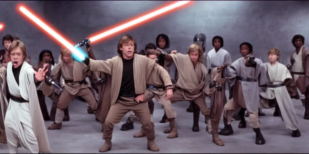 Prompt: A still of Mark Hamill as Jedi Master Luke Skywalker training a group of diverse young Jedi students in a Sci-fi room, in a Star Wars Sequel, 1990, Directed by Steven Spielberg, 35mm