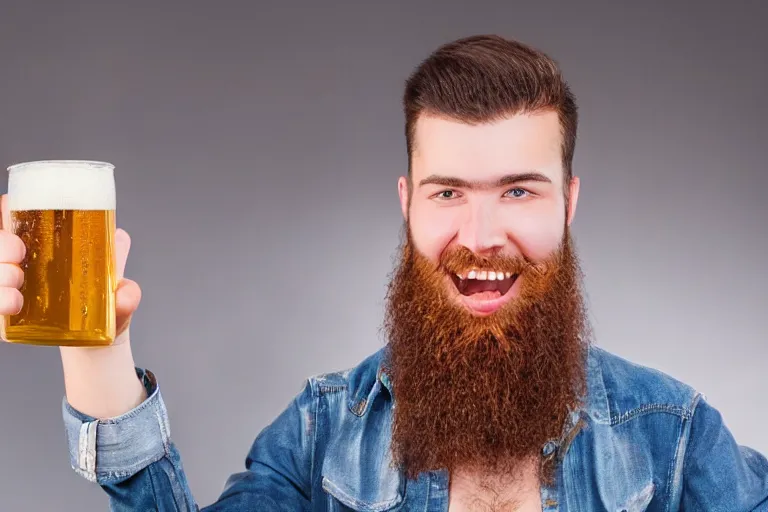 Image similar to a young man holding a beer giving a thumbs up with a long beard, airbrushed, detailed