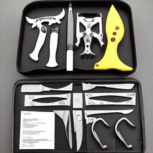 Image similar to typical 0 0 7 torture kit with blades, plyers, dental knives, razors, kit