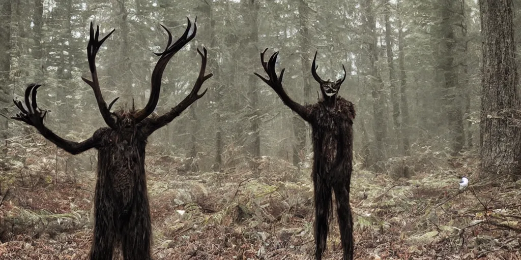 Prompt: a Wendigo with massive antlers looming in the deep woods, horror movie monster, award winning special effects