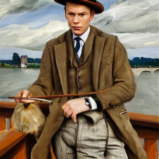 Image similar to high quality high detail painting by lucian freud, ewan mcgregor is standing by the river seine on a bridge in the morning. he is wearing a gentleman ´ s outfit with a bowler hat. next to him at his feet is lying a brown cat. ewan mcgregor is painting a canvas that is put on an easel. morning light, 4 k