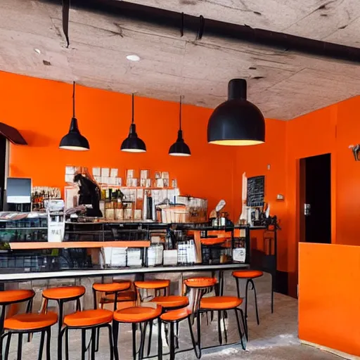 Prompt: a modern coffee shop interior, with orange walls, the entire coffee shop is designed after foxes, realistic photo