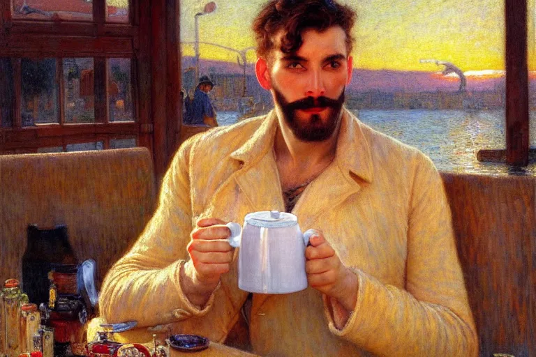 Prompt: attractive man drinking coffee, sunset, painting by gaston bussiere, carl larsson, tom of finland, trending on artstation