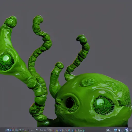 Image similar to a squishy green blob of slime filled with eyeballs supported by 100\'s of legs, 3d render, unreal engine, volumetric lighting