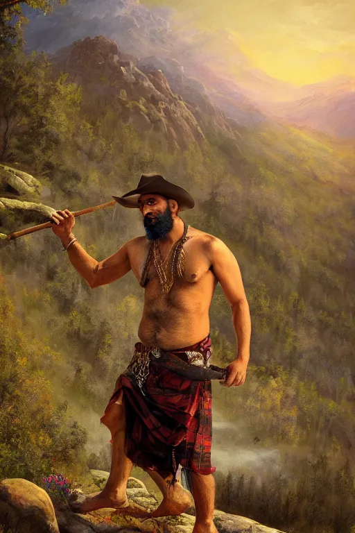 Prompt: a dramatic epic beautiful ethereal painting of a shirtless rugged desi man on a mountain path | he has a hairy chest and is wearing a plaid kilt and cowboy hat, and holding a walking stick | background is mountain peaks and clouds | dramatic lighting, golden hour, homoerotic, realistic, art nouveau | by mark maggiori | trending on artstation