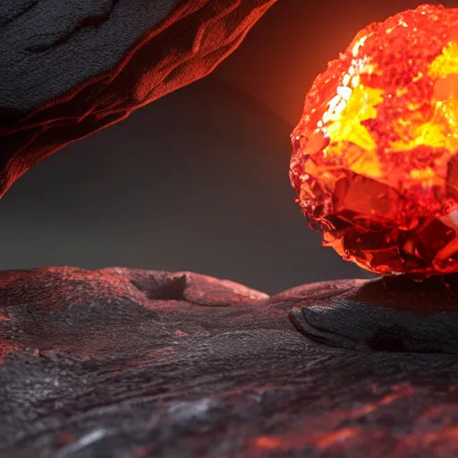 Image similar to a quartz dragon egg with lava core, crystal and lava cave on background, epic composition, octane render, realistic, film grain, focus