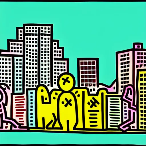 Prompt: asheville skyline, digital art, keith haring style